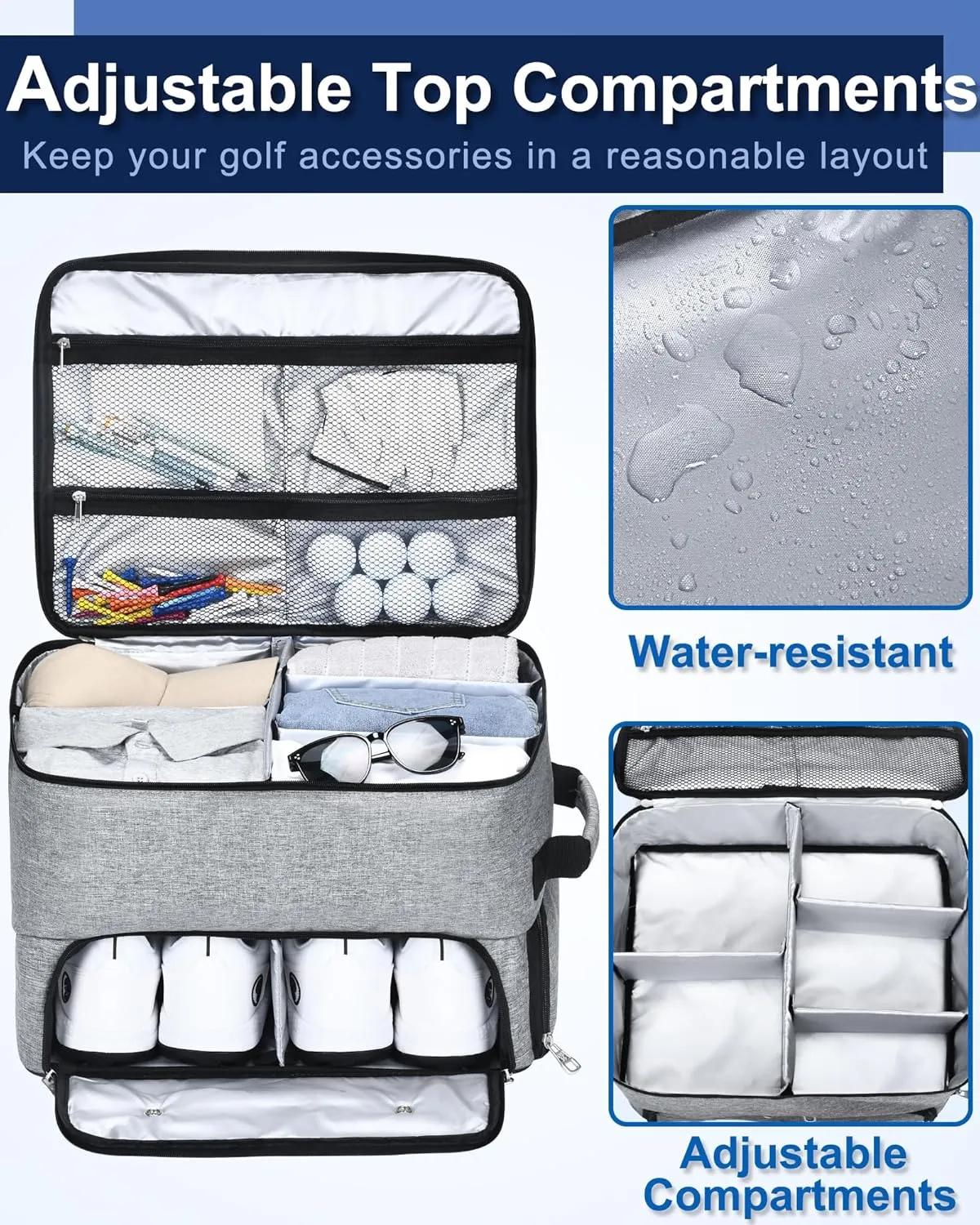 CAB55 Golf Trunk Organizer with 4 Wheels, 2 Layer Waterproof Car Golf Organizer with Separate Ventilated Compartment for 2 Pair Shoes, Golf Trunk Storage for Clothes