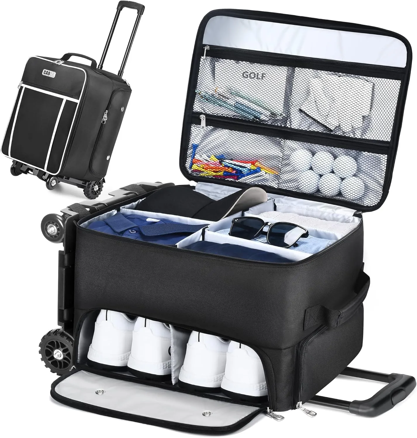 CAB55 Golf Trunk Organizer with 4 Wheels, 2 Layer Waterproof Car Golf Organizer with Separate Ventilated Compartment for 2 Pair Shoes, Golf Trunk Storage for Clothes