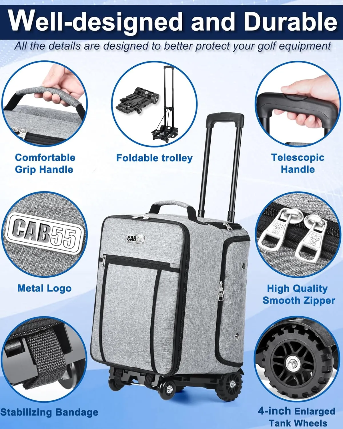 CAB55 Golf Trunk Organizer with 4 Wheels, 2 Layer Waterproof Car Golf Organizer with Separate Ventilated Compartment for 2 Pair Shoes, Golf Trunk Storage for Clothes