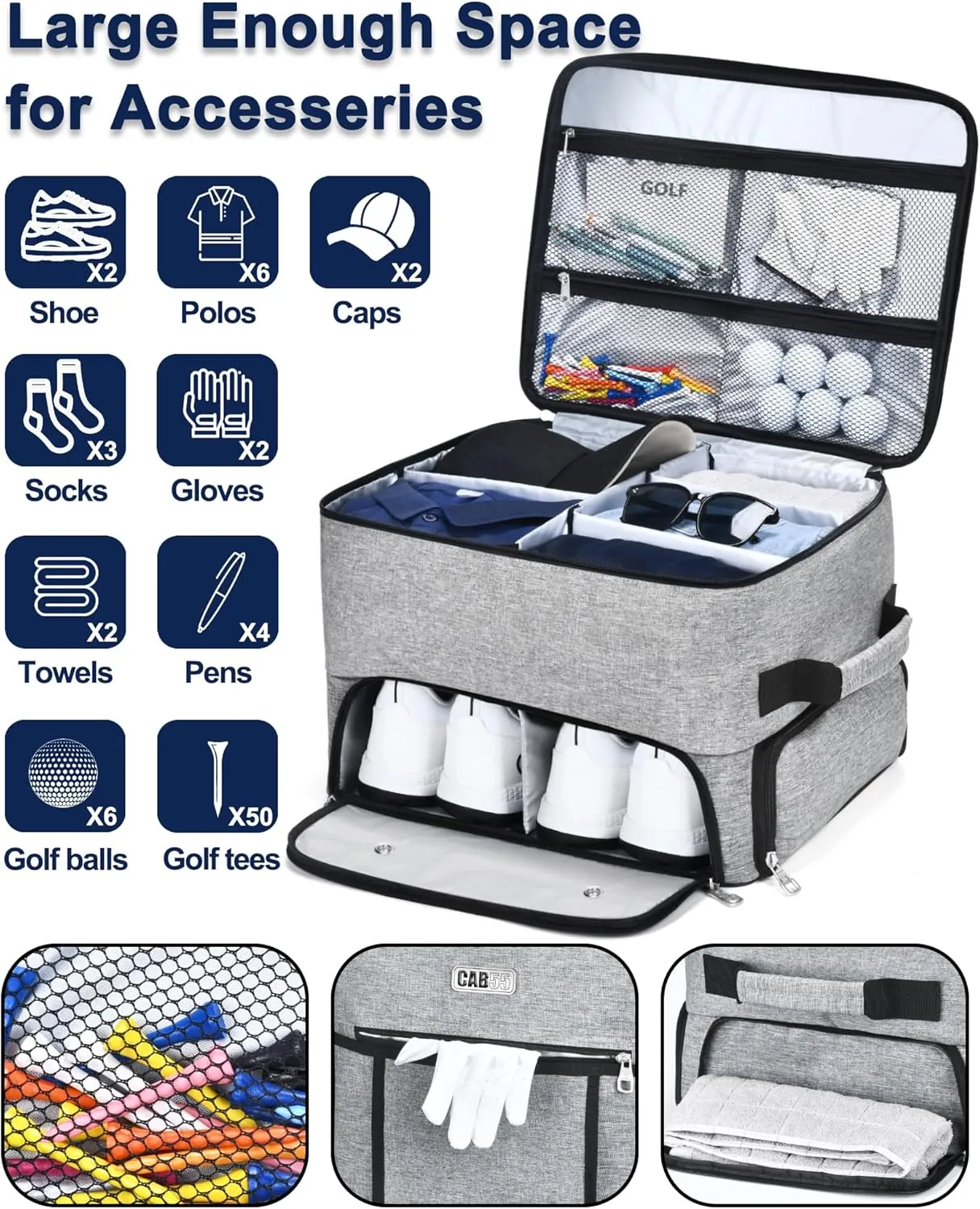 CAB55 Golf Trunk Organizer with 4 Wheels, 2 Layer Waterproof Car Golf Organizer with Separate Ventilated Compartment for 2 Pair Shoes, Golf Trunk Storage for Clothes