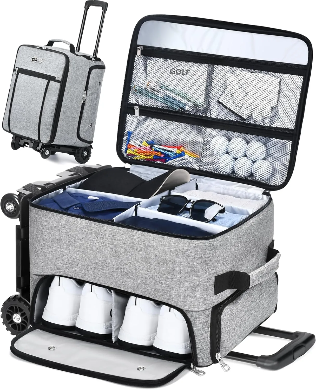CAB55 Golf Trunk Organizer with 4 Wheels, 2 Layer Waterproof Car Golf Organizer with Separate Ventilated Compartment for 2 Pair Shoes, Golf Trunk Storage for Clothes