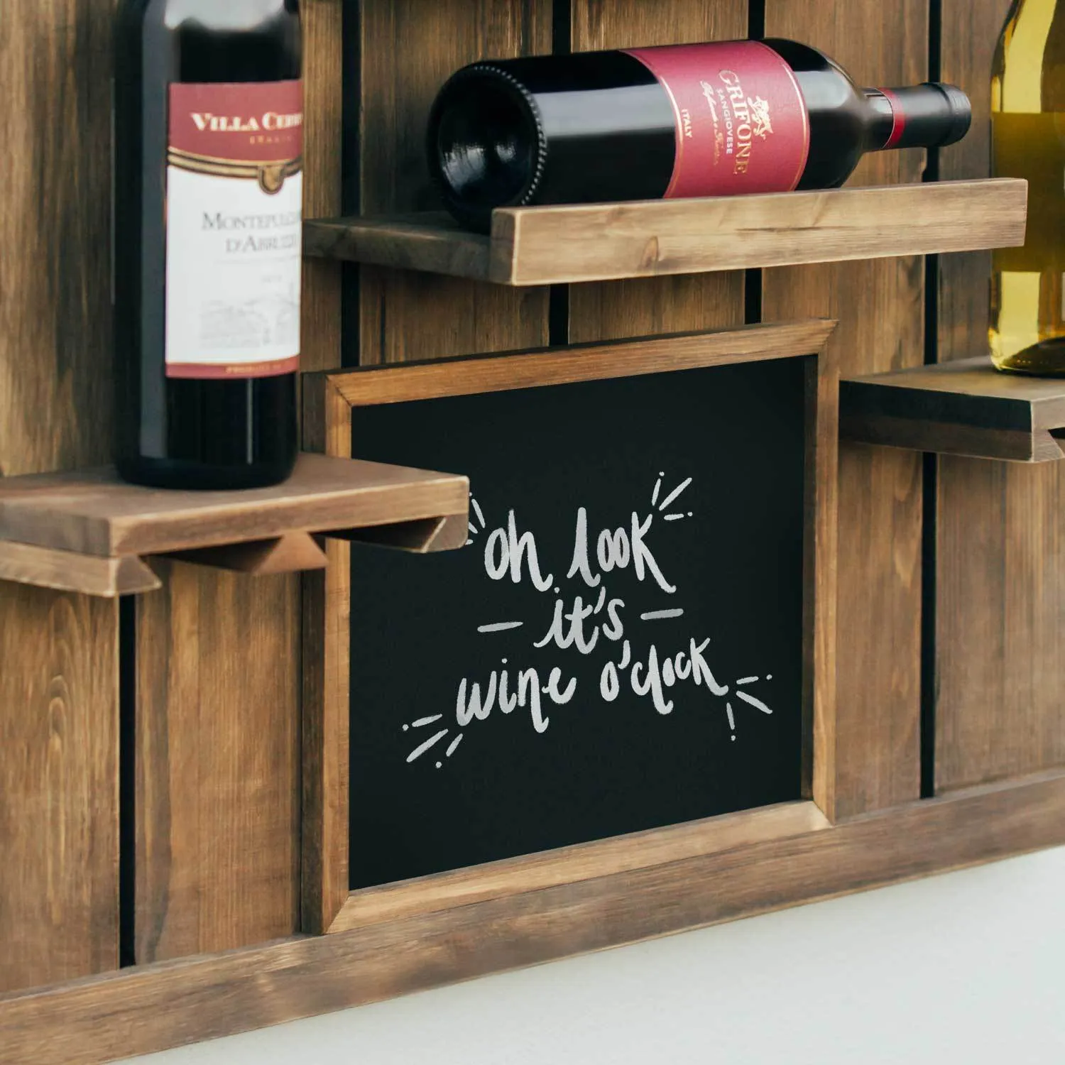 Chalkboard Wine Rack Shelf with Stemware Slots: Holds 8 Glasses