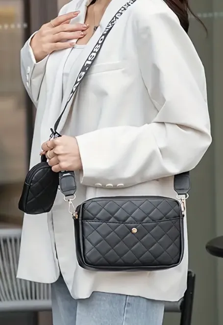 Faux Leather Quilted Crossbody/Handbag & Mini Coin Purse Included, Wide Strap with White Writing