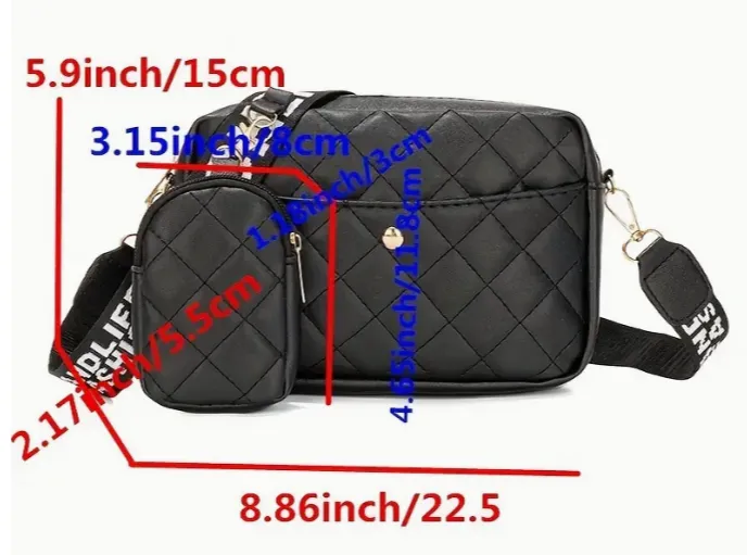 Faux Leather Quilted Crossbody/Handbag & Mini Coin Purse Included, Wide Strap with White Writing
