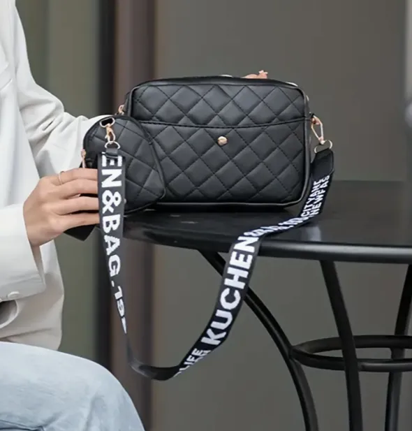 Faux Leather Quilted Crossbody/Handbag & Mini Coin Purse Included, Wide Strap with White Writing
