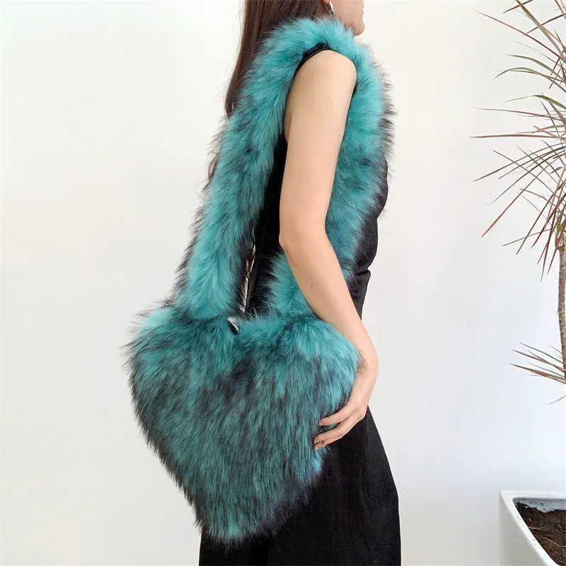 Heart Imitation Raccoon Fur Plush Large Shoulder Bags