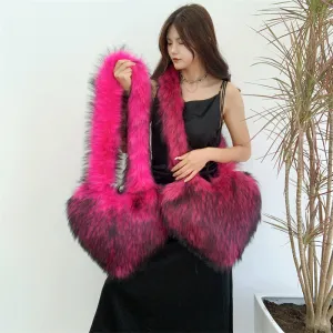 Heart Imitation Raccoon Fur Plush Large Shoulder Bags