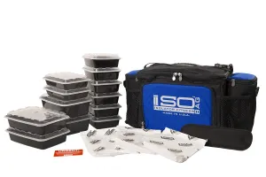 Isolator Fitness 6 Meal ISOBAG Meal Prep Management Insulated Lunch Bag Cooler with 12 Stackable Meal Prep Containers, 3 ISOBRICKS, and Shoulder Strap - MADE IN USA (Black/Blue Accent)