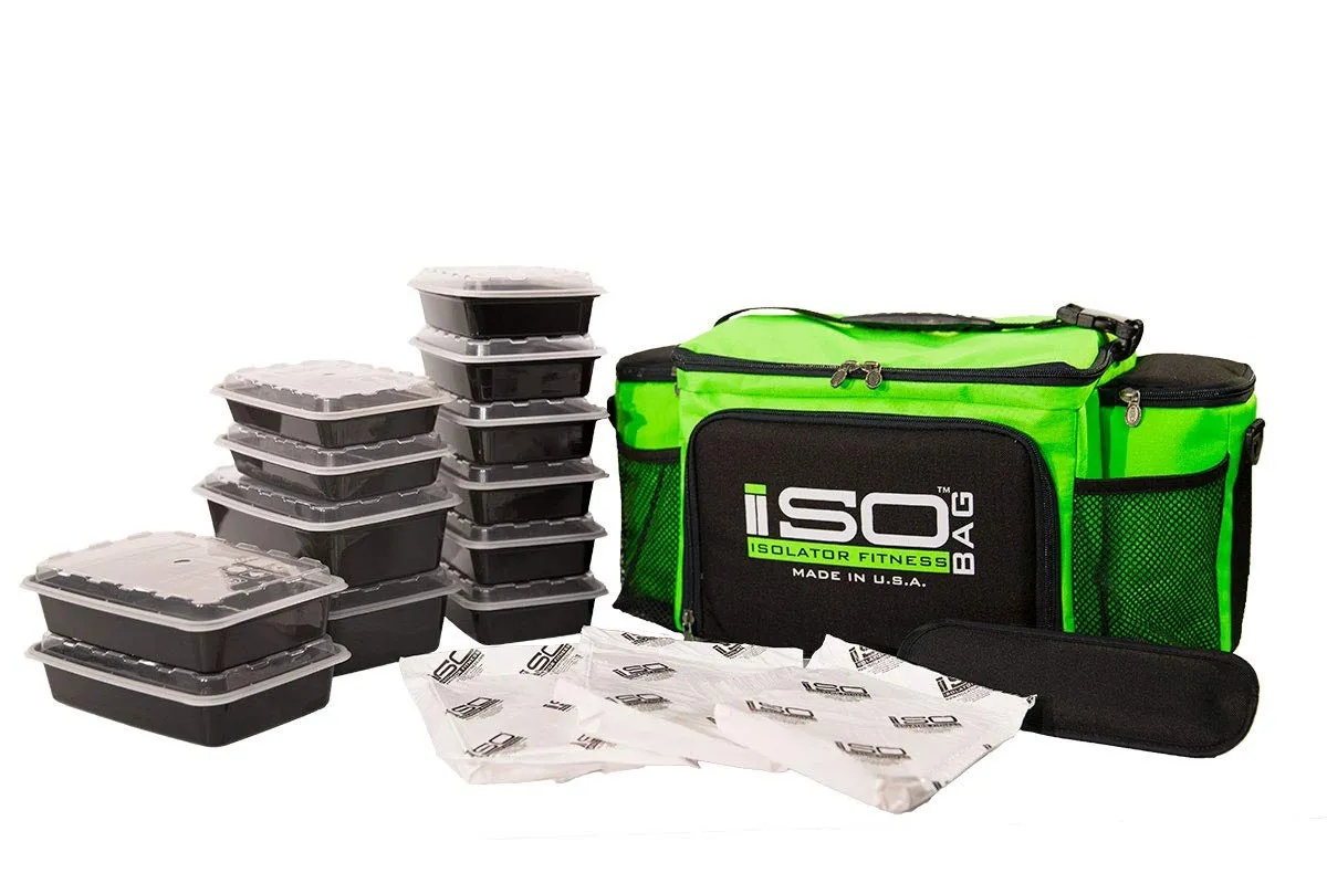 Isolator Fitness 6 Meal ISOBAG Meal Prep Management Insulated Lunch Bag Cooler with 12 Stackable Meal Prep Containers, 3 ISOBRICKS, and Shoulder Strap - MADE IN USA (Neon Green/Black Accent)