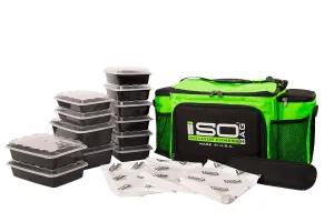 Isolator Fitness 6 Meal ISOBAG Meal Prep Management Insulated Lunch Bag Cooler with 12 Stackable Meal Prep Containers, 3 ISOBRICKS, and Shoulder Strap - MADE IN USA (Neon Green/Black Accent)