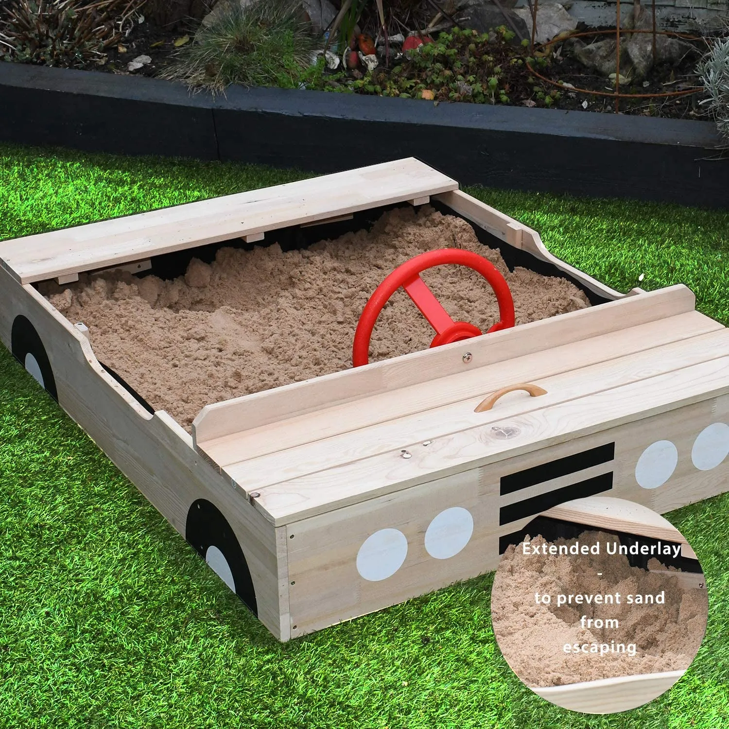 Kids Large Eco Wooden Pre-Treated Car Sandpit with Cover | 1.15m Long | 12m 
