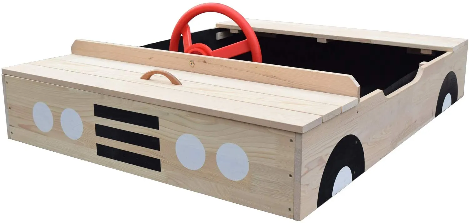 Kids Large Eco Wooden Pre-Treated Car Sandpit with Cover | 1.15m Long | 12m 