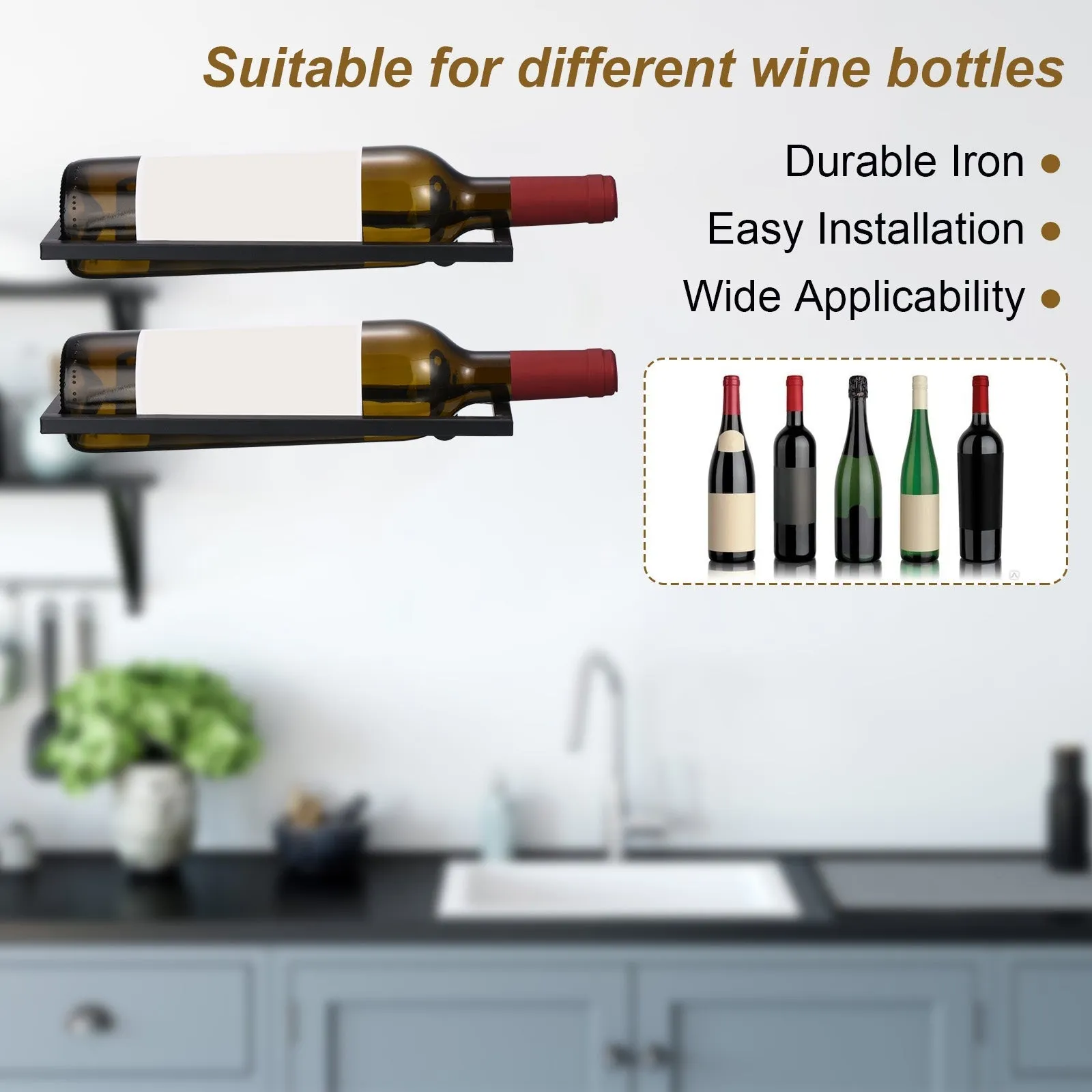 Metal Wine Rack Wall Mounted 6 Pcs Hanging Wine Bottle Display Holder, Black