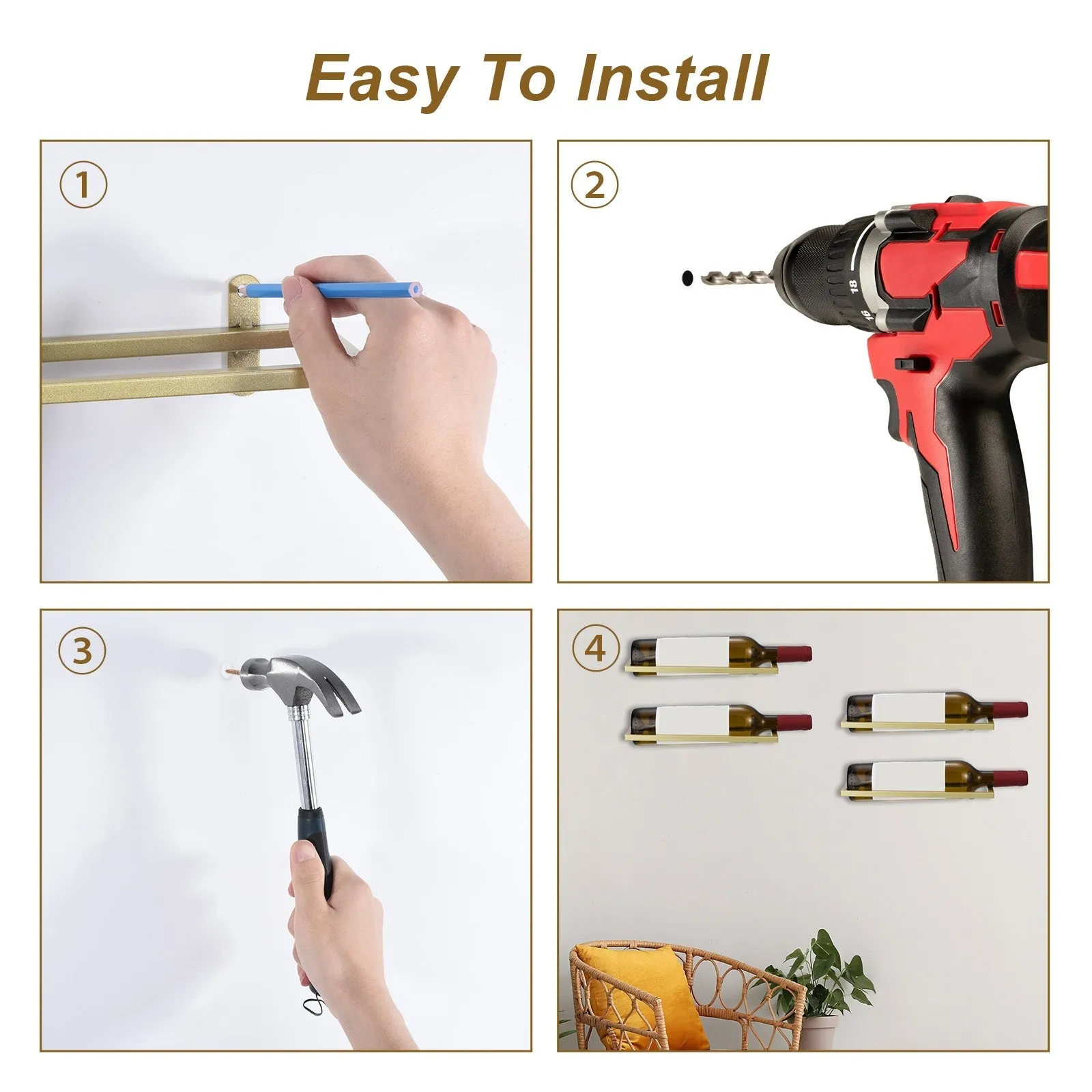 Metal Wine Rack Wall Mounted 6 Pcs Hanging Wine Bottle Display Holder, Black