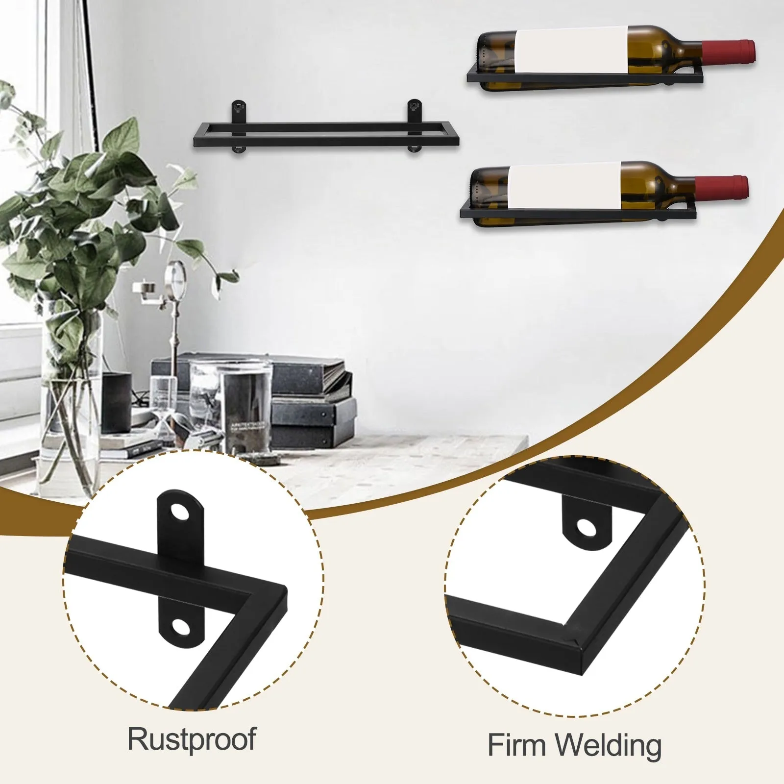 Metal Wine Rack Wall Mounted 6 Pcs Hanging Wine Bottle Display Holder, Black
