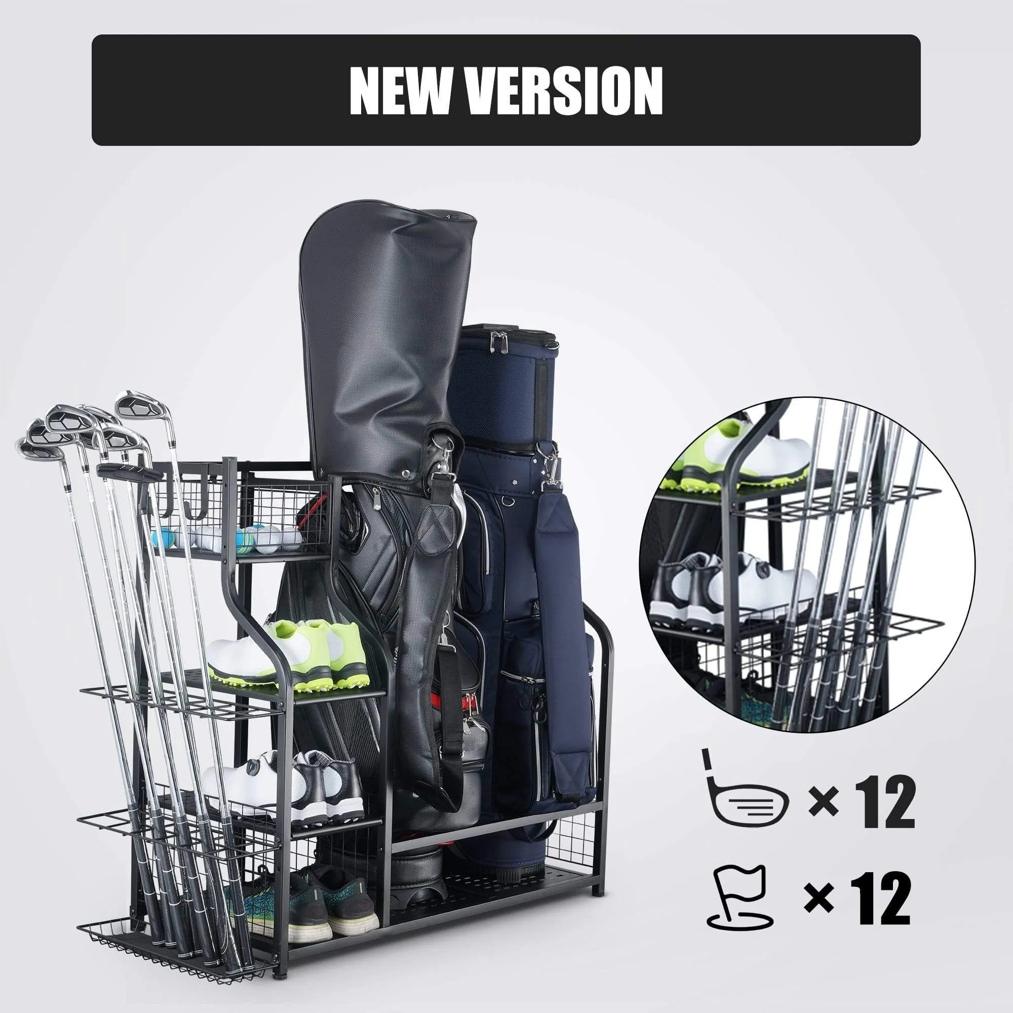 Mythinglogic 3 Bag Golf Organizer, golf organizer for garage, Heavy Duty Golf Rack, With Lockable Wheels