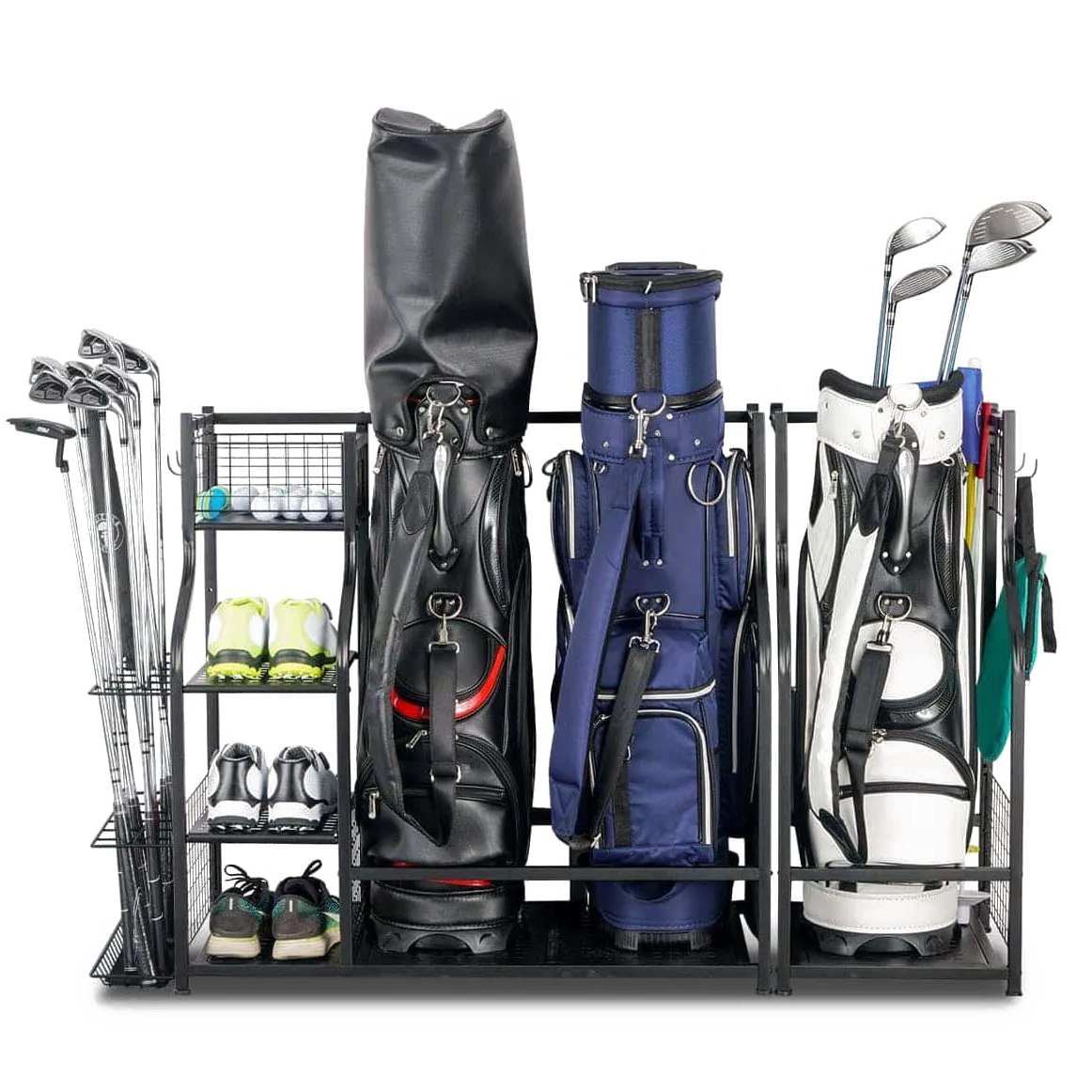Mythinglogic 3 Bag Golf Organizer, golf organizer for garage, Heavy Duty Golf Rack, With Lockable Wheels