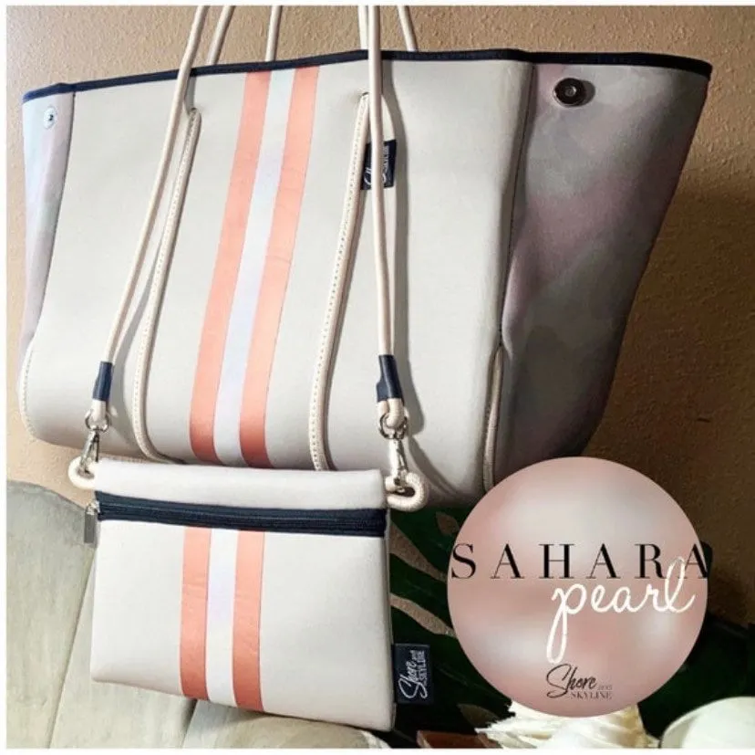SAHARA PEARL & ROSE 2-in-1 Neoprene Tote Bag Crossbody sand khaki dusty rose camo rose-gold beige khaki bag waterproof purse beach birthday