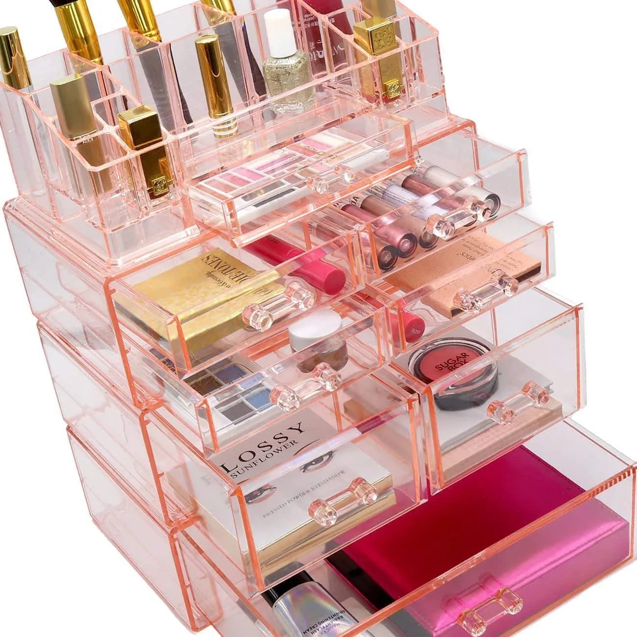 Sorbus Acrylic Cosmetics Makeup and Jewelry Storage Case Display Sets - Interlocking Drawers to Create Your Own Specially Designed Makeup Counter - Stackable and Interchangeable (Pink)