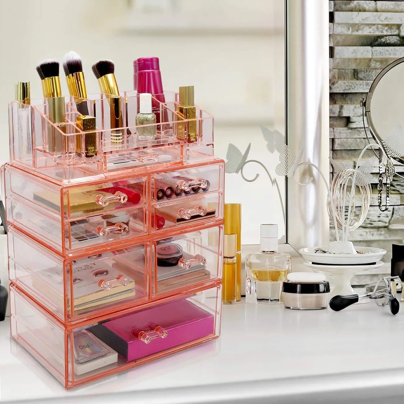Sorbus Acrylic Cosmetics Makeup and Jewelry Storage Case Display Sets - Interlocking Drawers to Create Your Own Specially Designed Makeup Counter - Stackable and Interchangeable (Pink)