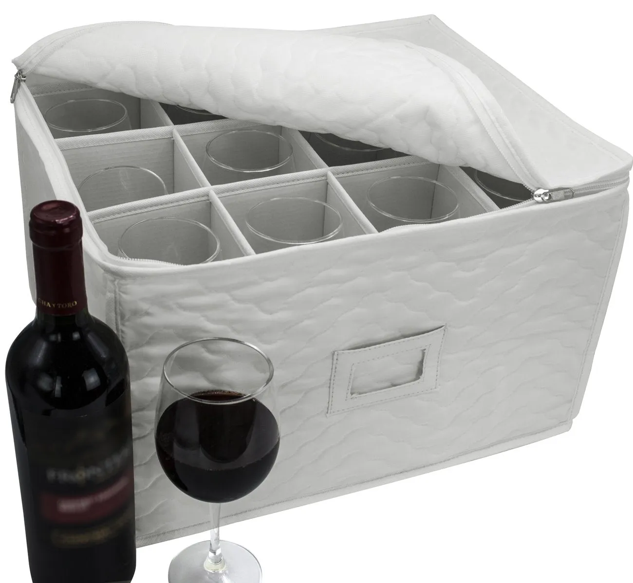 Sorbus Stemware Storage Chest - Deluxe Quilted Case with Dividers - Service for 12 - Great for Protecting or Transporting Wine Glasses, Champagne Flutes, Goblets, and More (Storage Glass - Beige)