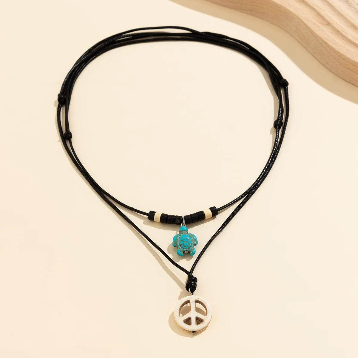 Trendy Layered Turtle Round Pendant Wax Cord String Necklace