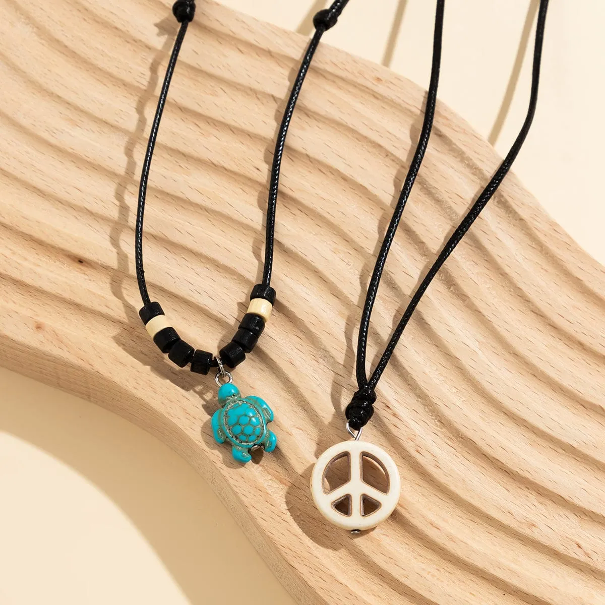 Trendy Layered Turtle Round Pendant Wax Cord String Necklace