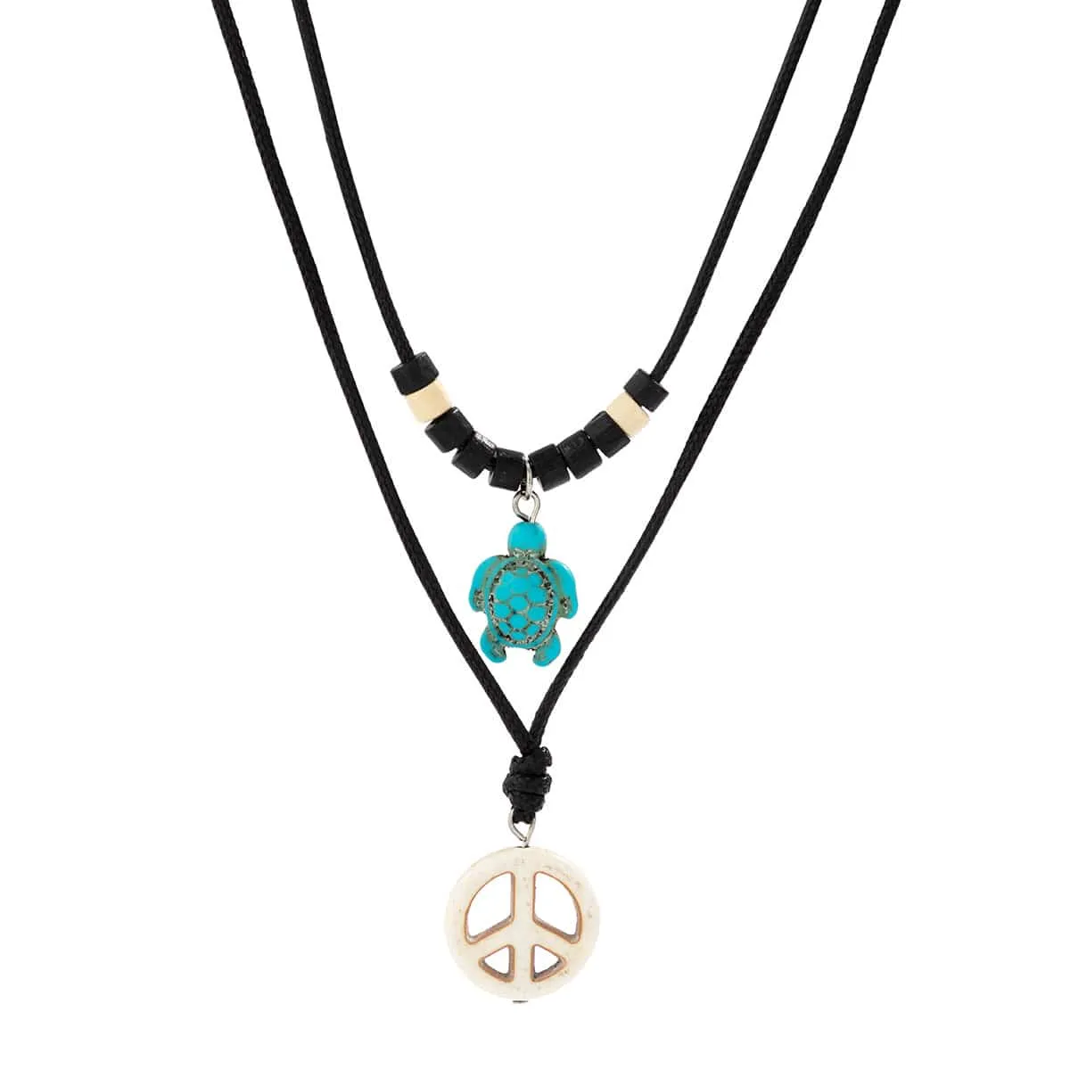 Trendy Layered Turtle Round Pendant Wax Cord String Necklace