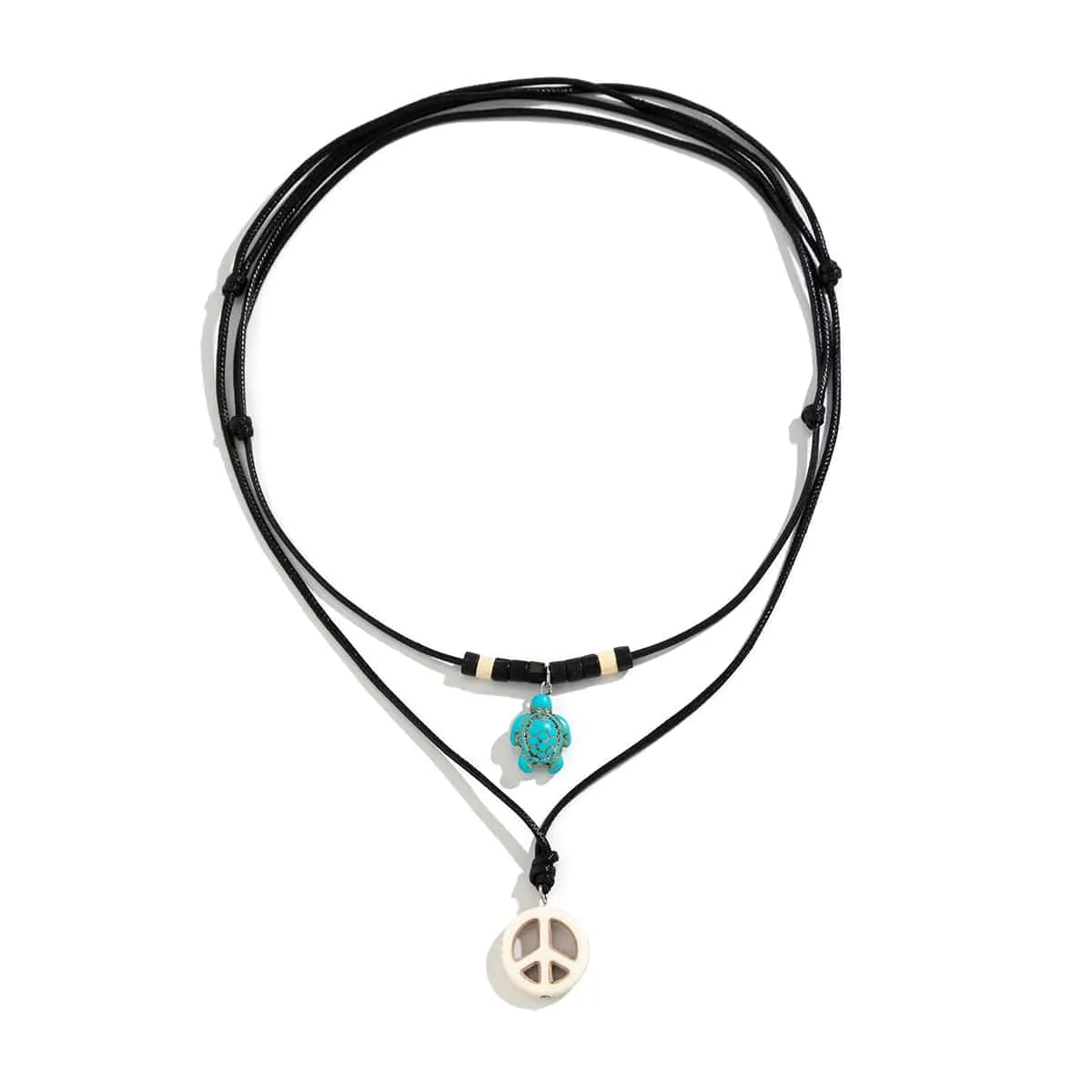 Trendy Layered Turtle Round Pendant Wax Cord String Necklace