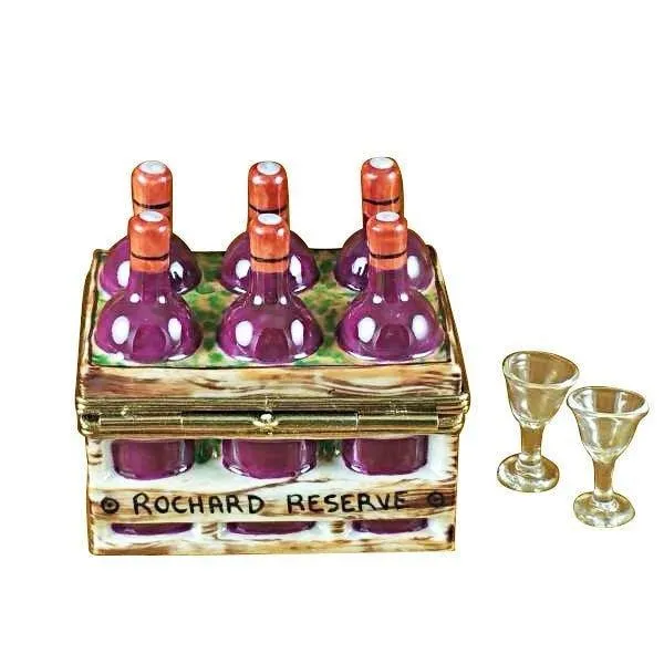 Wine Bottles in Crate with Two Glasses