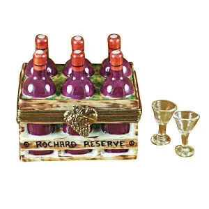 Wine Bottles in Crate with Two Glasses